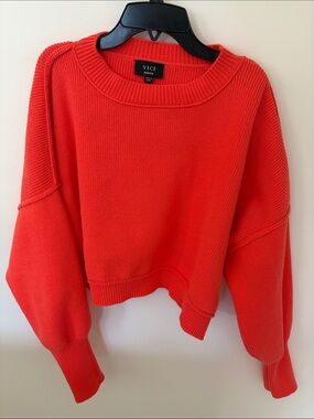VICI Coral-Red Cropped Crewneck Sweater